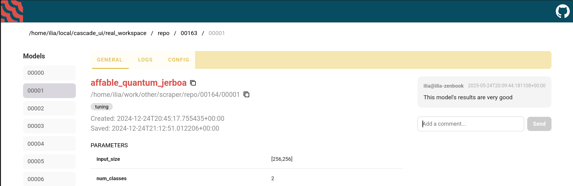 Model comments page of Cascade - Small scale MLOps library