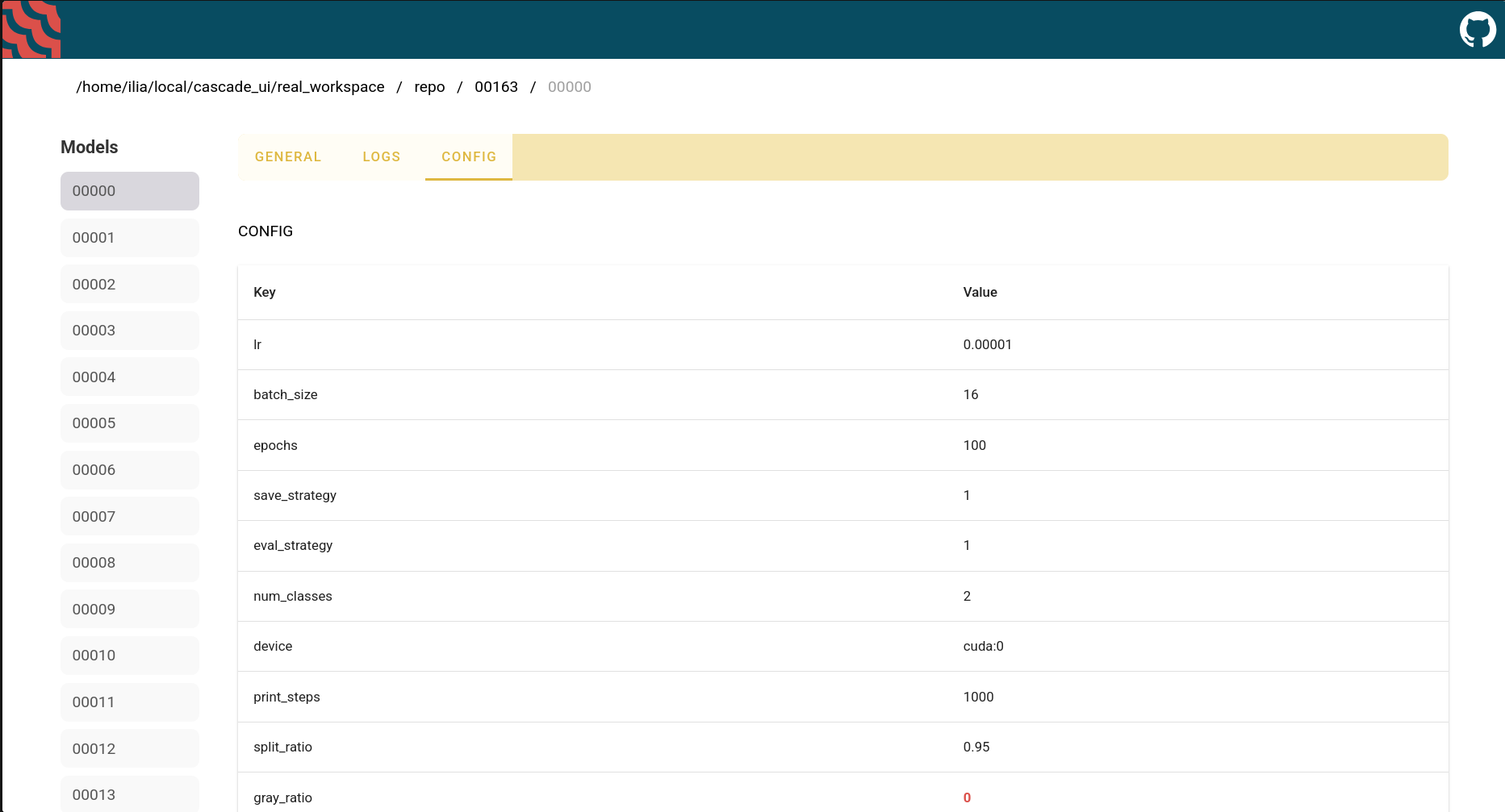 Model config page of Cascade - Small scale MLOps library