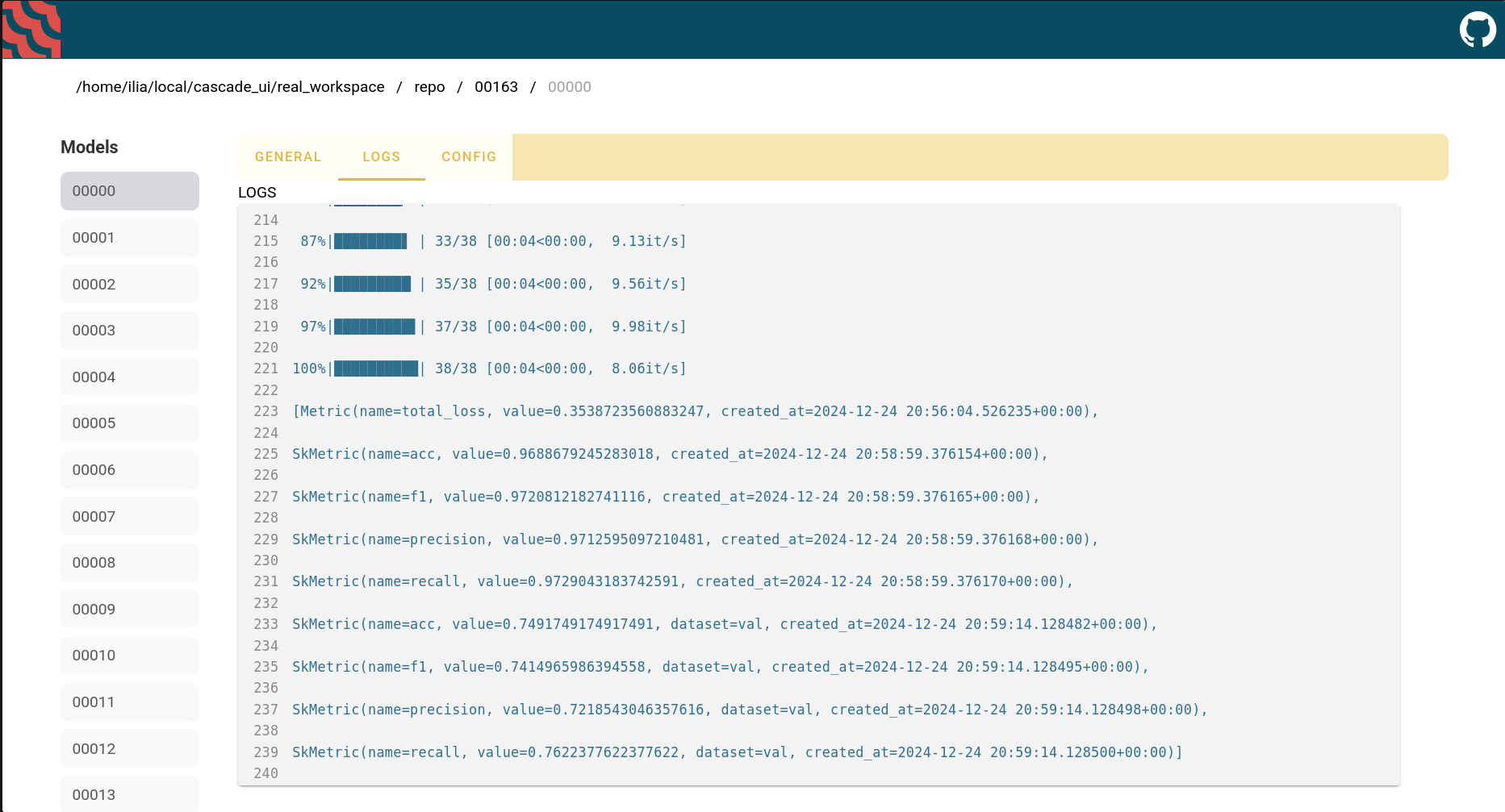 Model logs page of Cascade - Small scale MLOps library